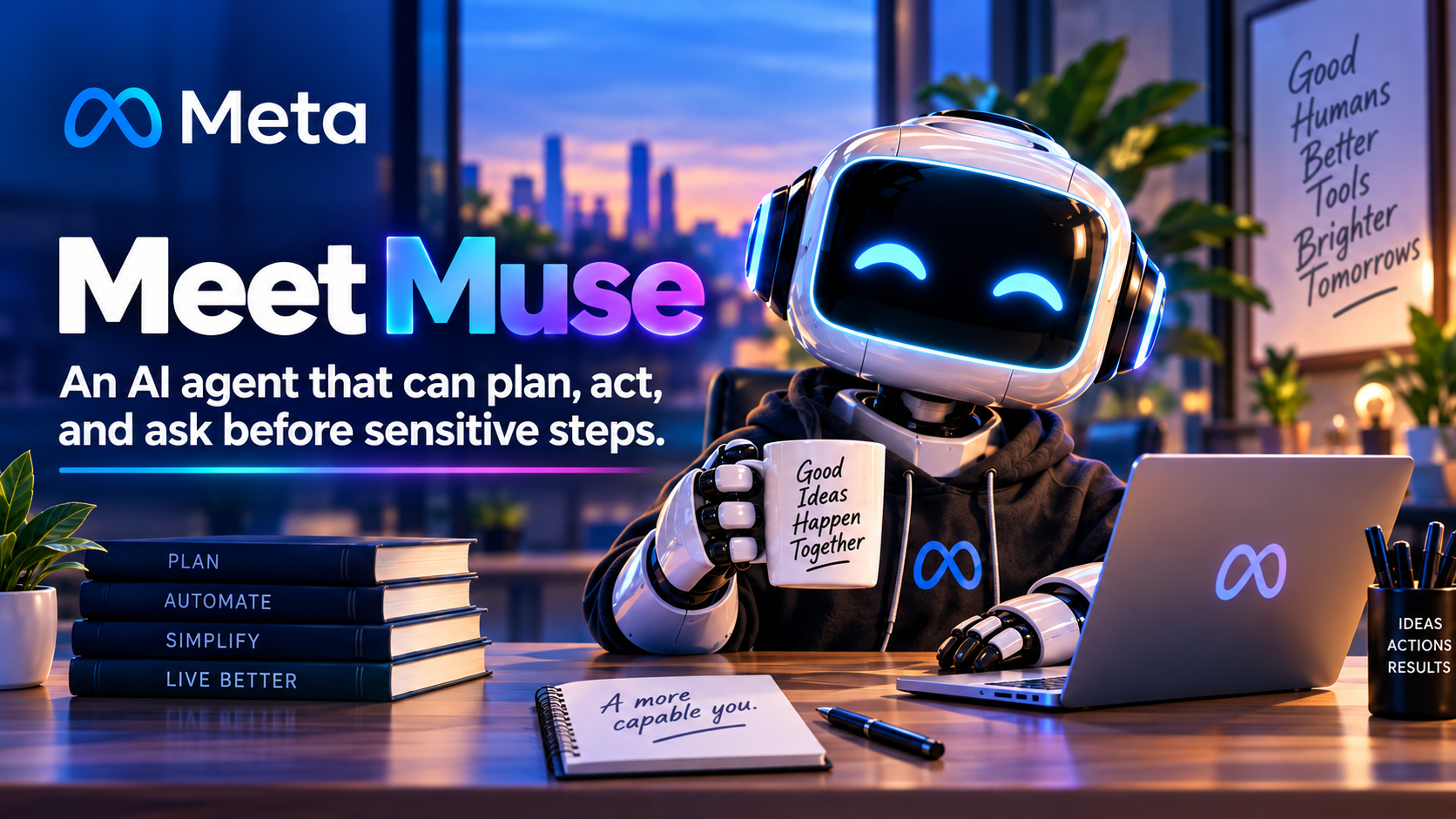 Meet Muse graphic showing a friendly robot assistant at a desk beside the words: An AI agent that can plan, act, and ask before sensitive steps.